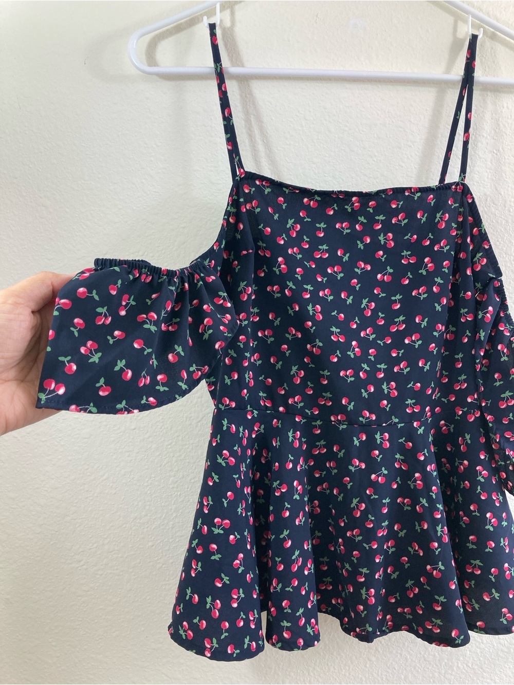 Blue Rain Cherry Print Off Shoulder Top Size S Black Peplum Blouse